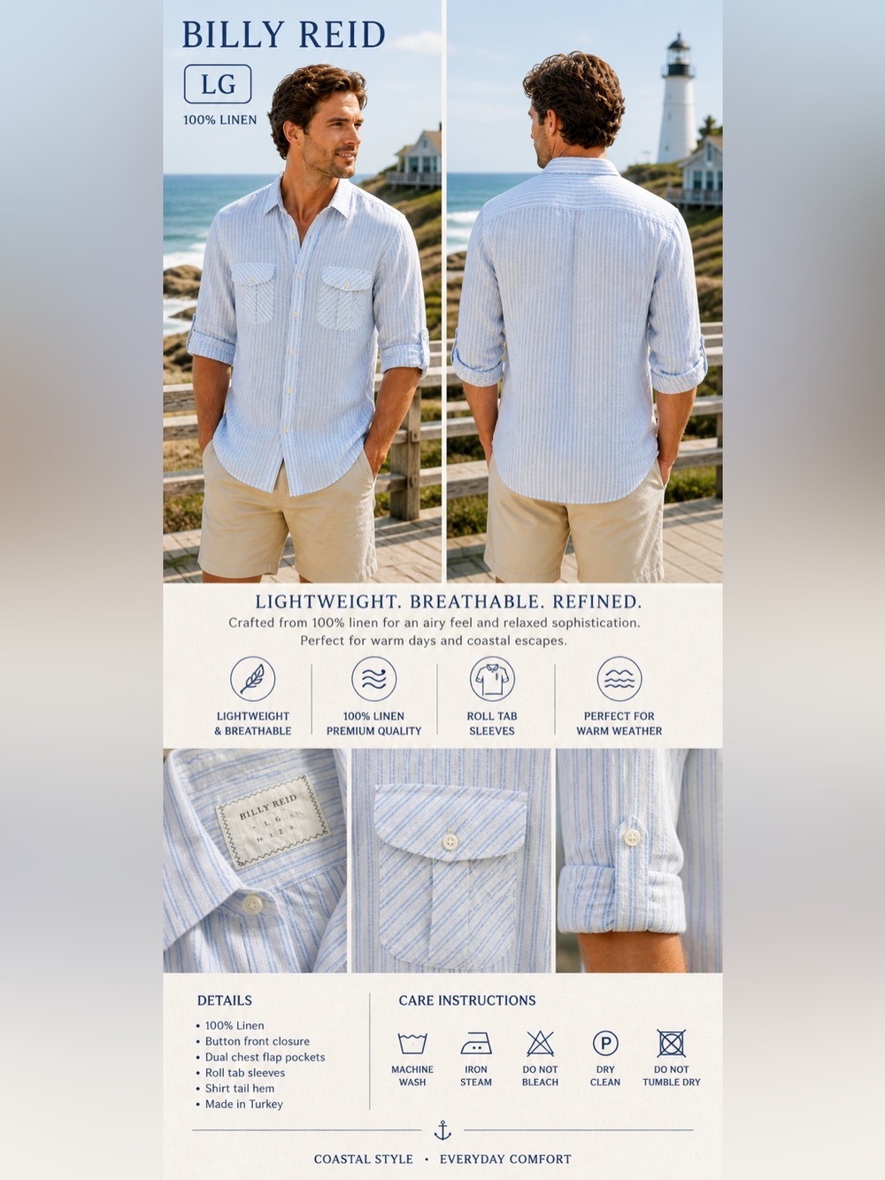 BILLY REID button up shirt men size Large 100% Linen Shirt Blue & white Stripe